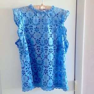 NWT J. Crew eyelet flutter sleeve mock neck top in blue